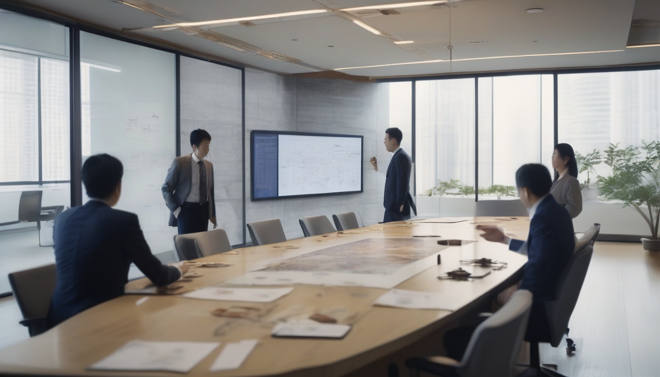 AI導入ロードマップを壁面ディスプレイで検討する経営層と情報システム部門の会議風景